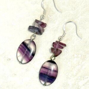 2/$20, Genuine Purple Fluorite Dangle Earrings, Gemstone & Sterling Silver Hooks